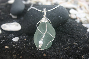 Large Aqua Sea Glass Sterling Silver Necklace