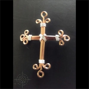 Copper & Sterling Filigree Cross Necklace - Copper Colored Pearlized Leather / 16 - Jewelry Hand Made
